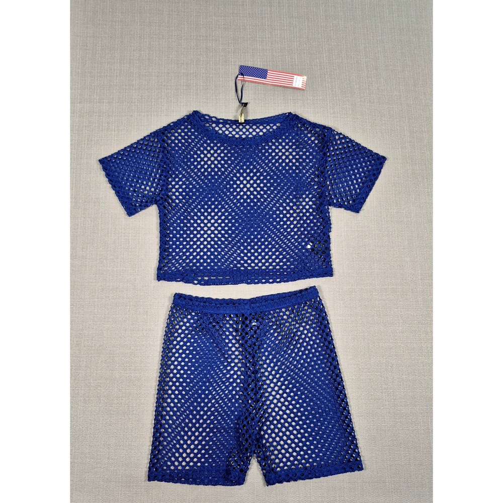 American Leisure Blue Mesh 2 Piece Cover Up Set Crop Top Shorts Small New NWT‎